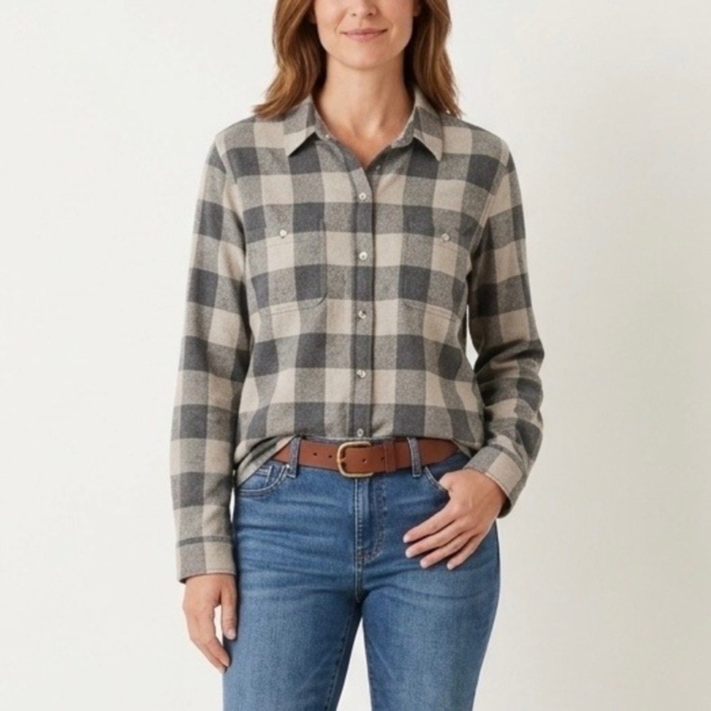 Faherty Legend Sweater Shirt Women's‎ Small Gray Tan Buffalo Check Plaid Button